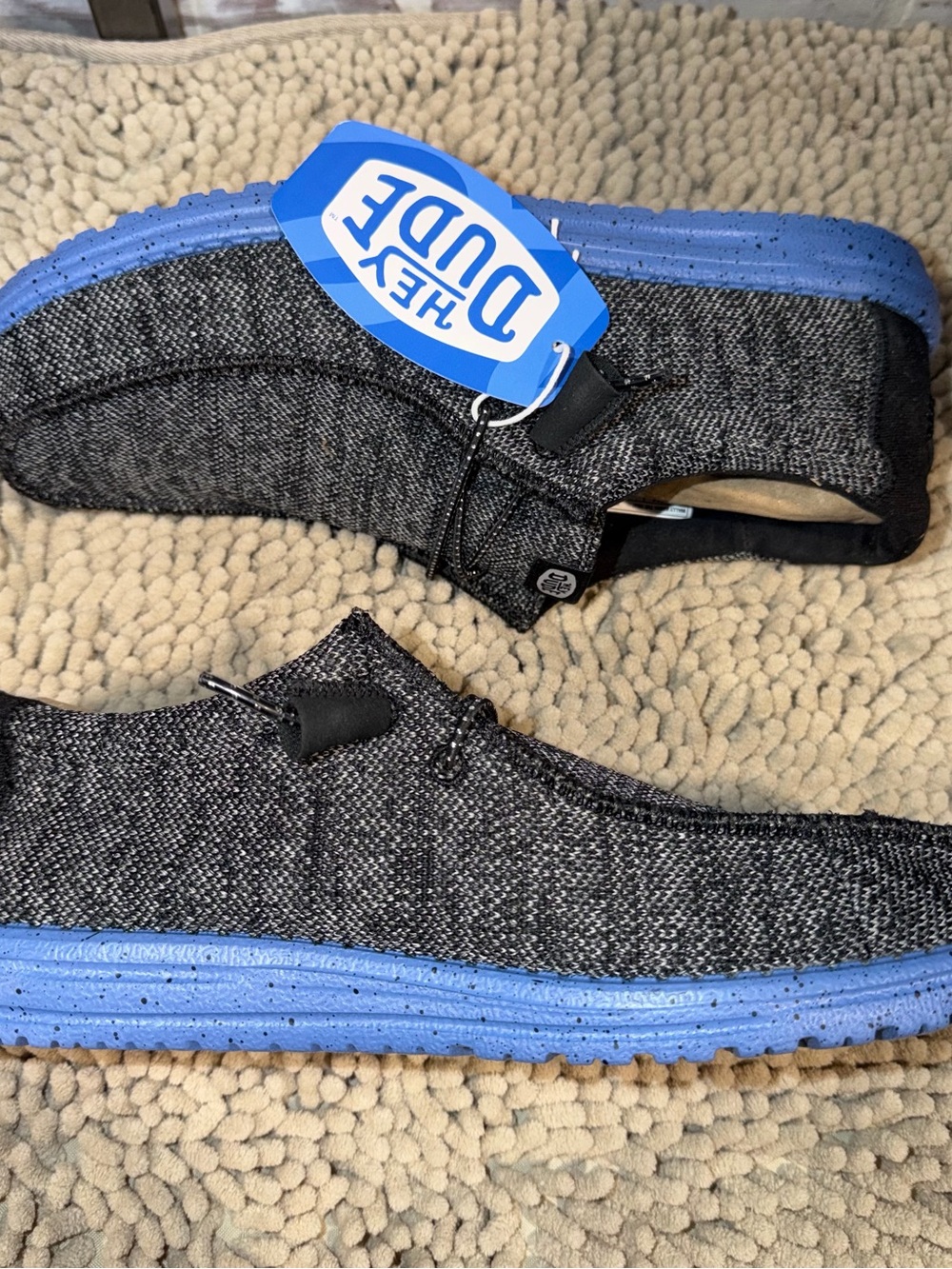 Hey Dude Men's Slip-On Loafers in Black Knit with Blue Sole